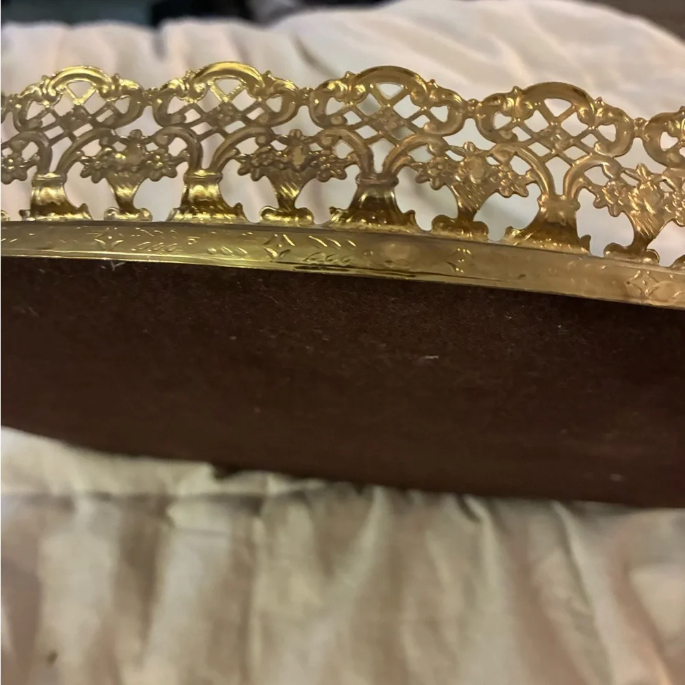 Vtg Gold Metal & Glass Footed Jewelry Box Hinged vanity W Smaller Box & Mirror
